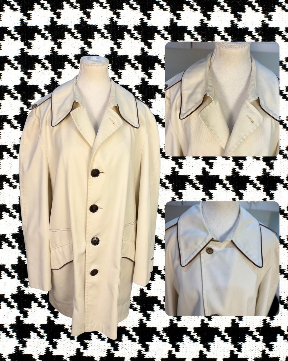 Vintage 70s London Fog Single-breasted Mid-length Ivory Brown Piping Size 40R